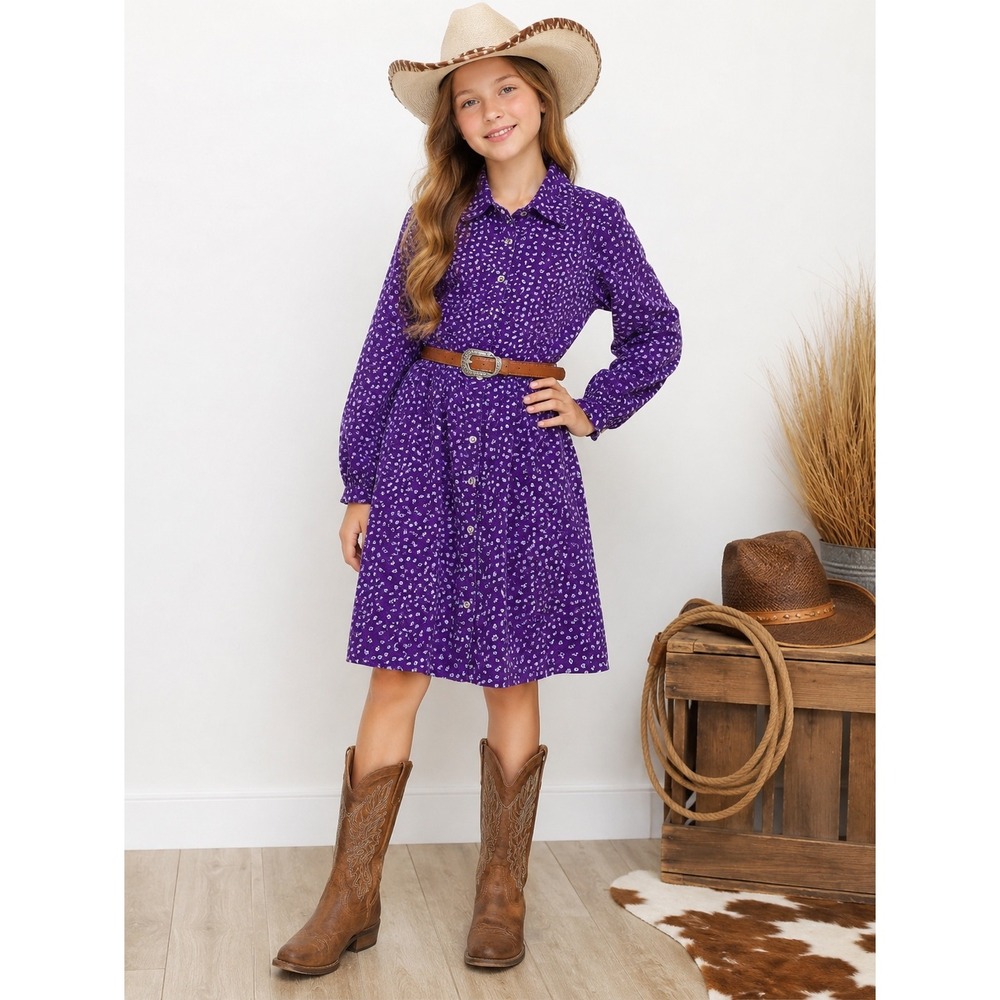 Cherokee Vintage Girls Purple Floral Corduroy Button Front Dress L 10/12 Cotton